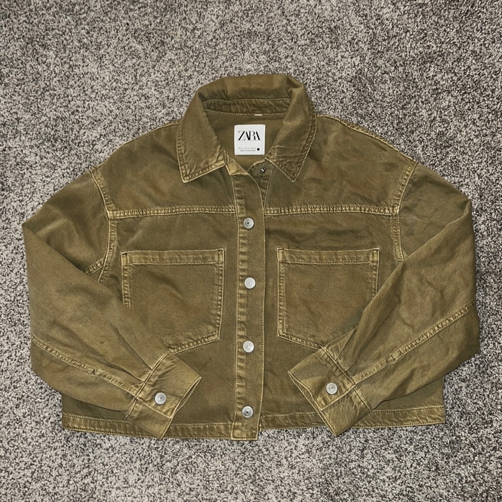 Olive Green Zara Cropped Denim Jacket SIZE M